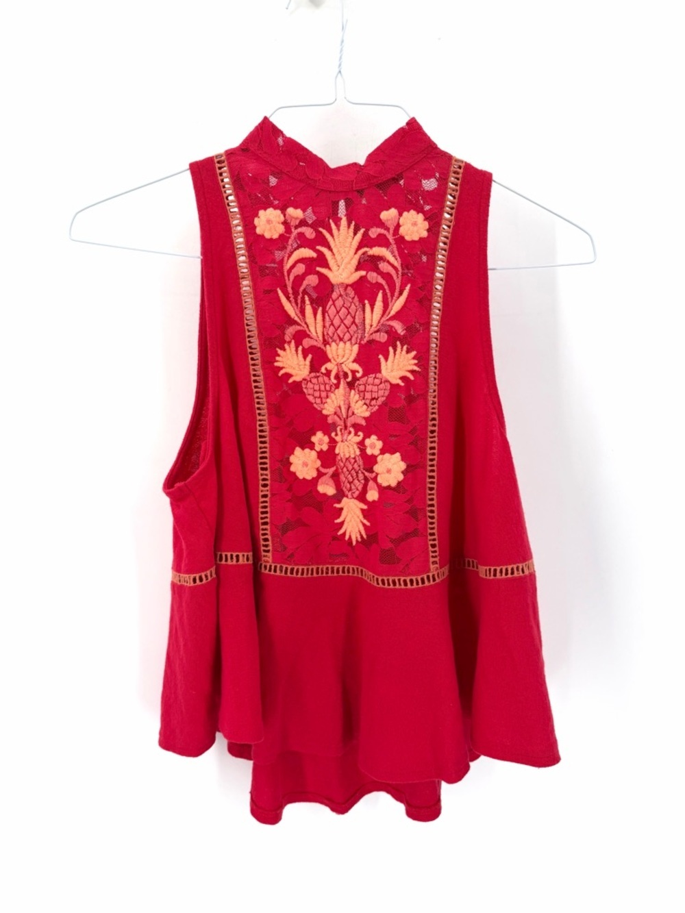 Free People Boho Cottagecore Pineapple Lace Embroidered Flora Swing Tank Top - Picture 3 of 8